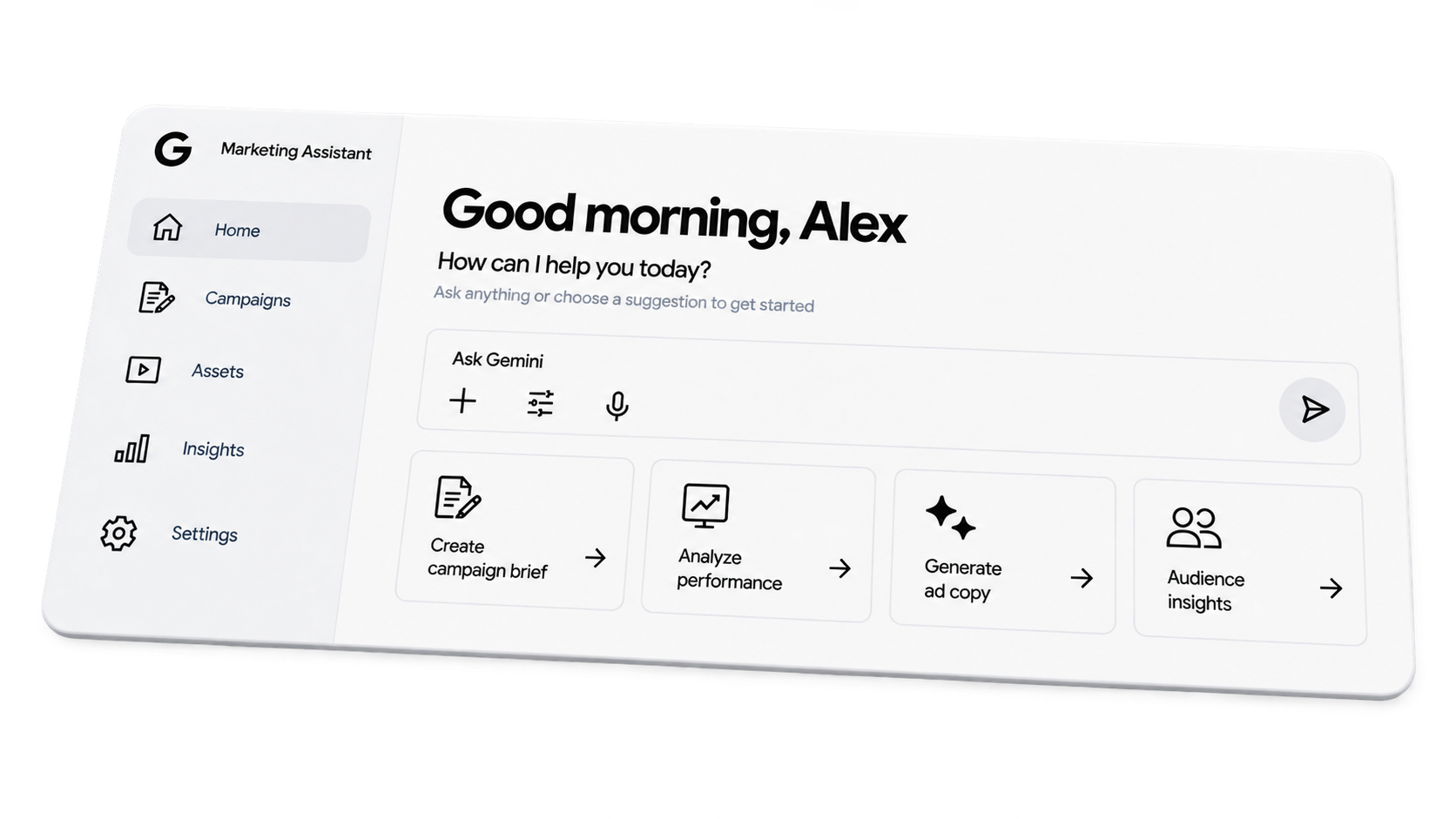 Marketing Assistant dashboard: greeting, prompt input and suggestion cards